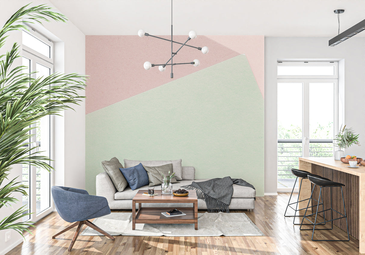 Pastel geometric pattern wallpaper adding style to a home office space