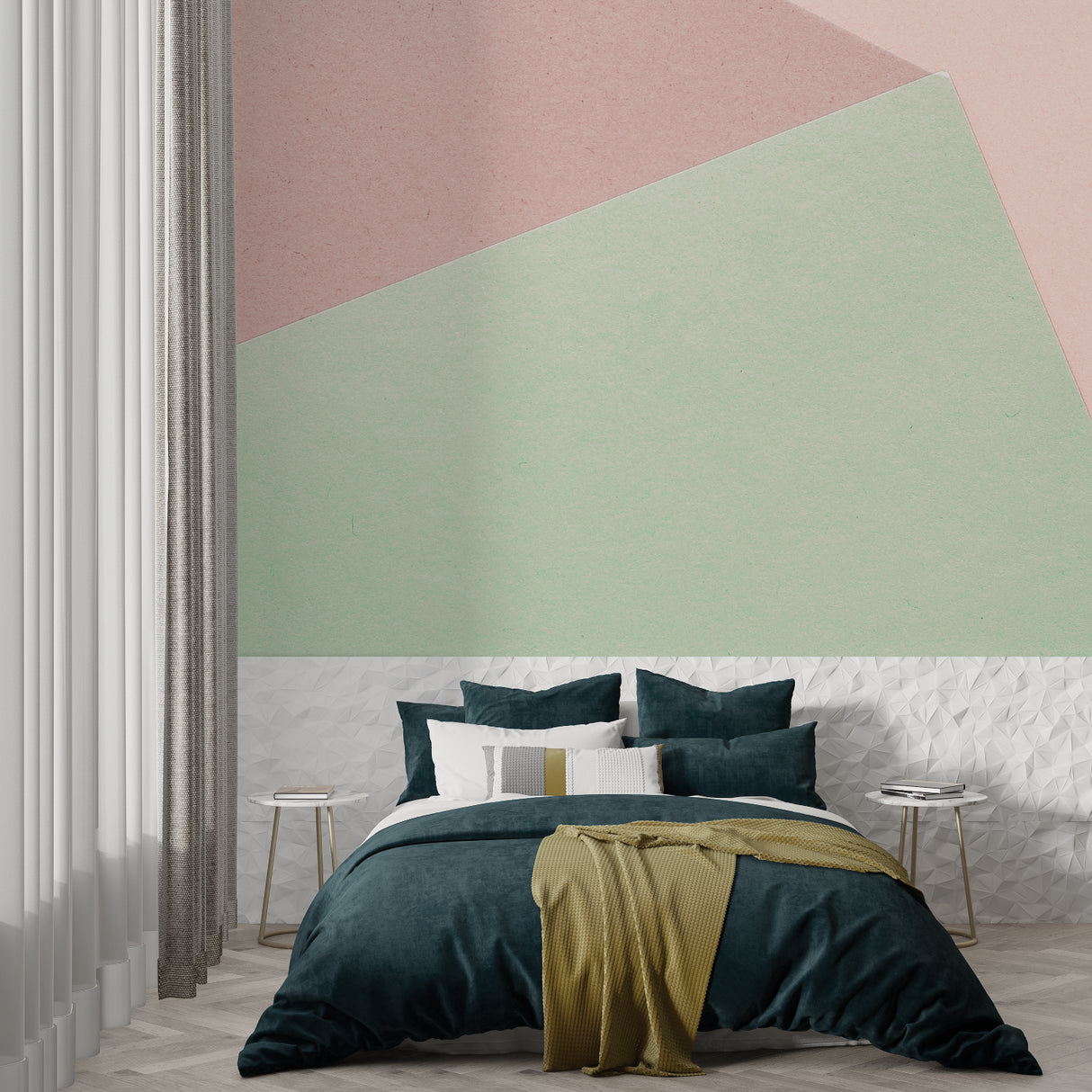 Modern pink and mint geometric wallpaper in a bright dining room setting