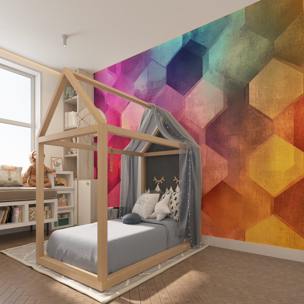 Rainbow geometric wallpaper creating a vibrant atmosphere in a modern living room setting