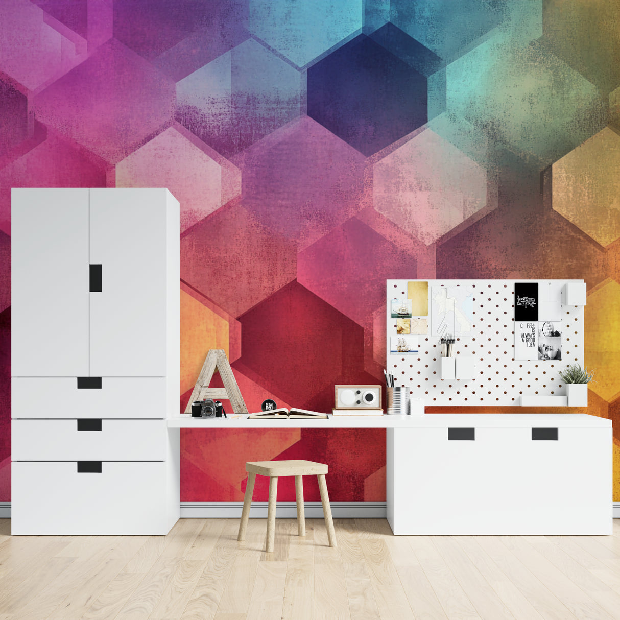 Hexagonal rainbow pattern wallpaper brightening up a teen bedroom space