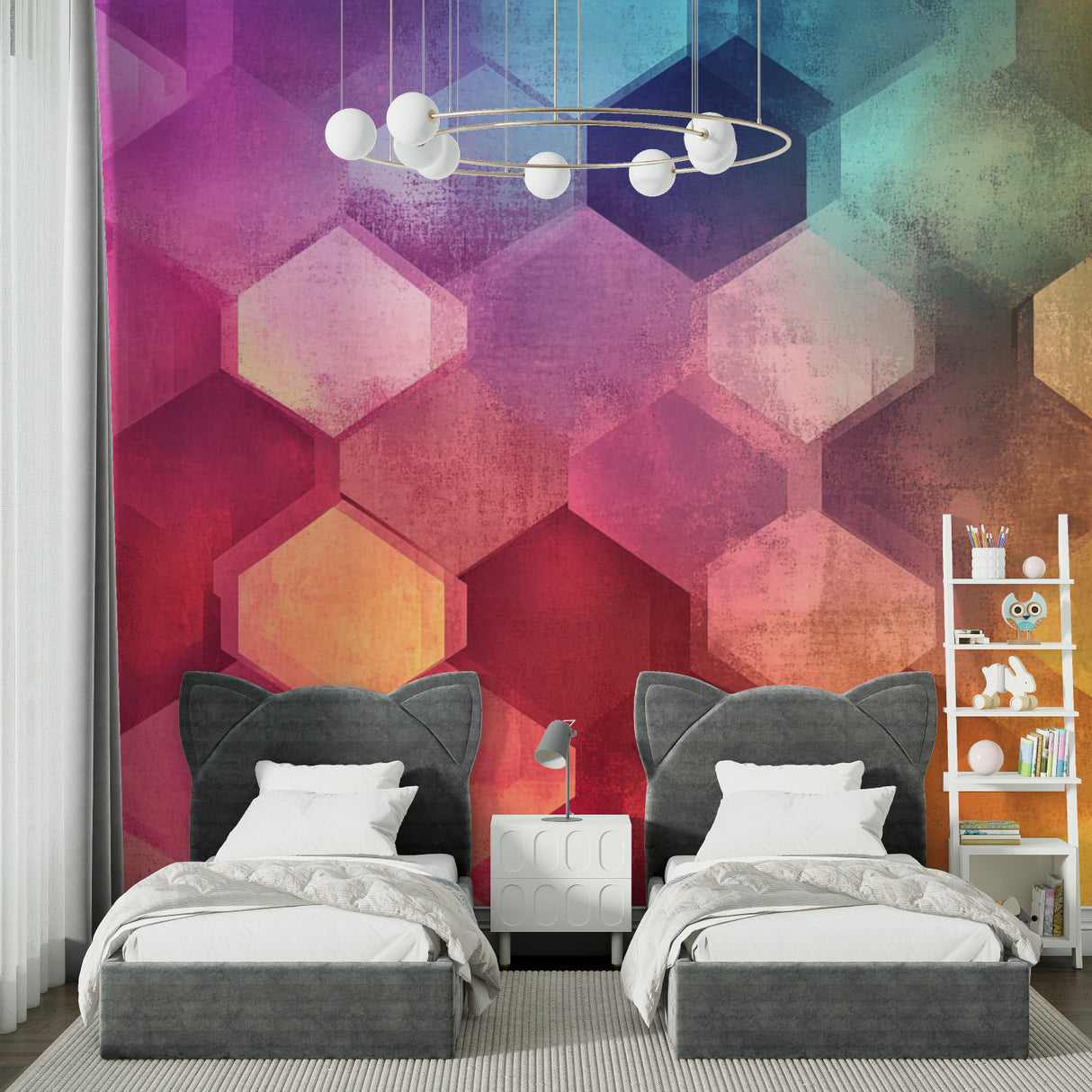 Colorful geometric wallpaper making a statement in a home office setup