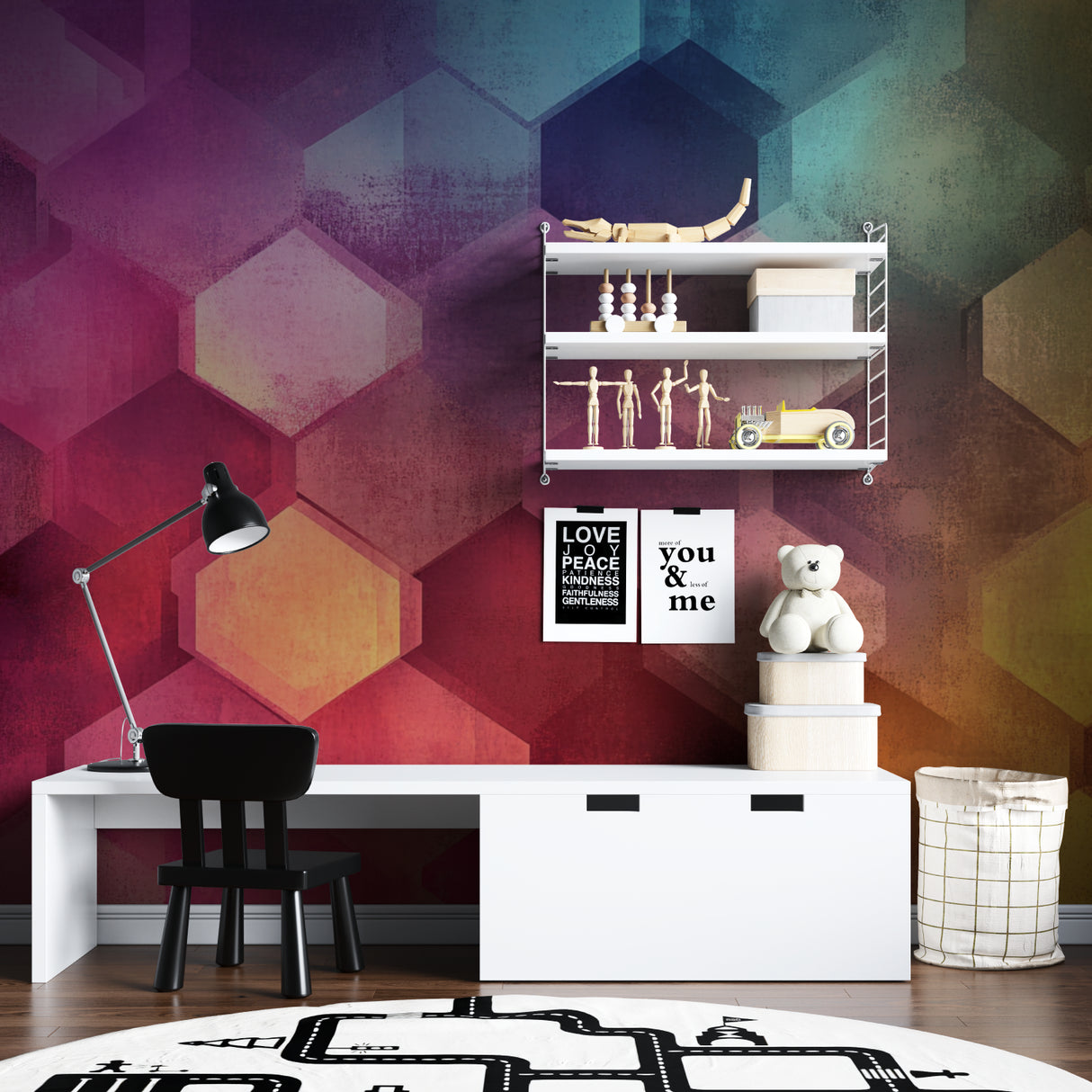 Rainbow hexagon wall mural adding energy to a creative workspace