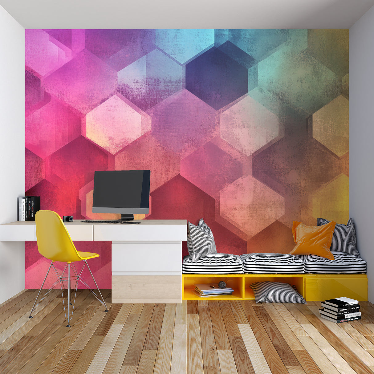Geometric pattern wallpaper showcased in a modern dining room