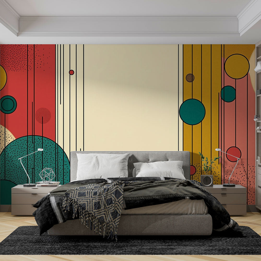 Modern Geometric Wallpaper shown in bright living room, featuring retro circles and lines pattern in coral and emerald tones