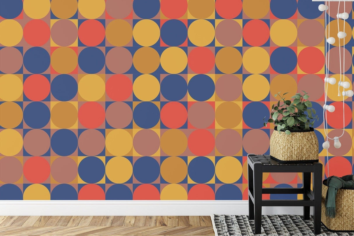Retro geometric wallpaper in dining room with mid-century furniture and warm lighting
