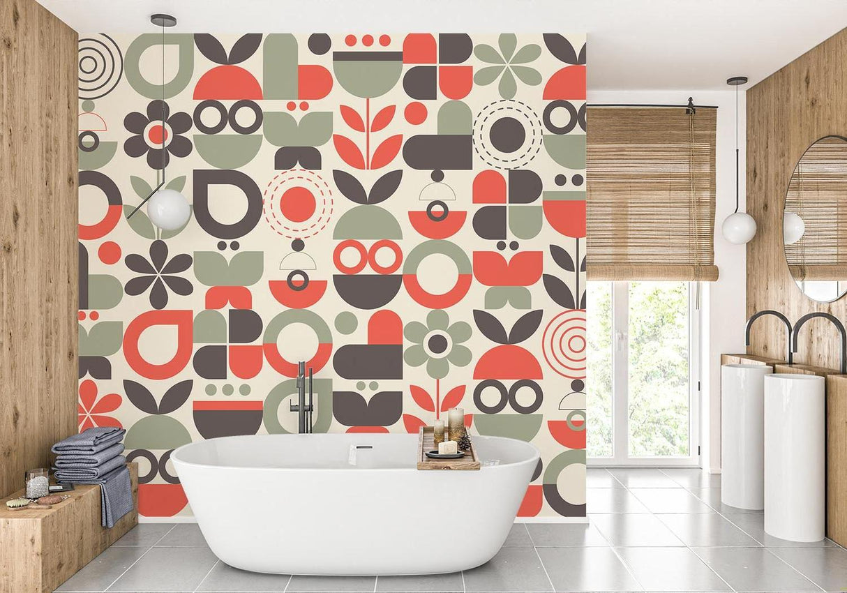 Geometric floral wallpaper in red and sage adding retro charm to a modern living room setup