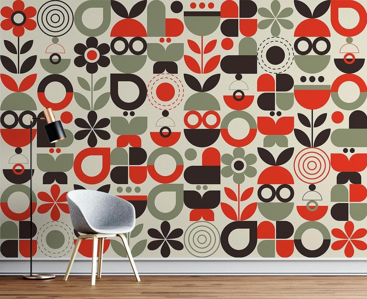 Mid-century geometric pattern wallpaper bringing warmth to a minimalist dining space