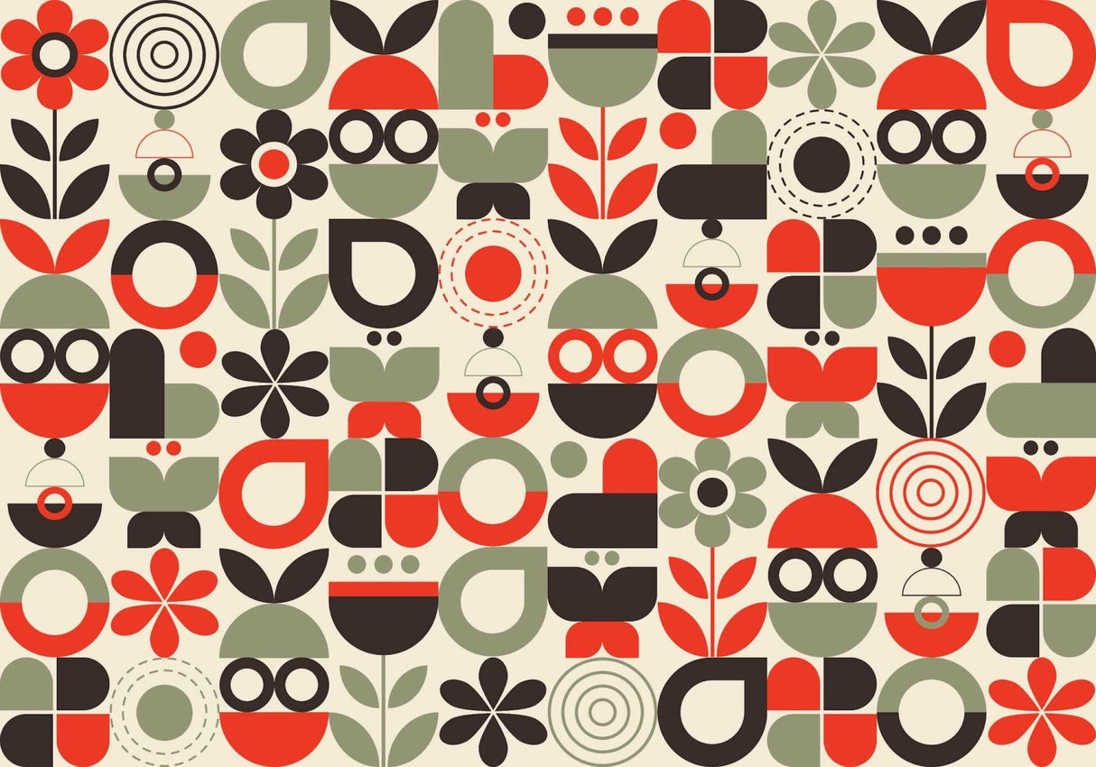 Geometric floral pattern design file showing detailed red and sage retro shapes on cream background
