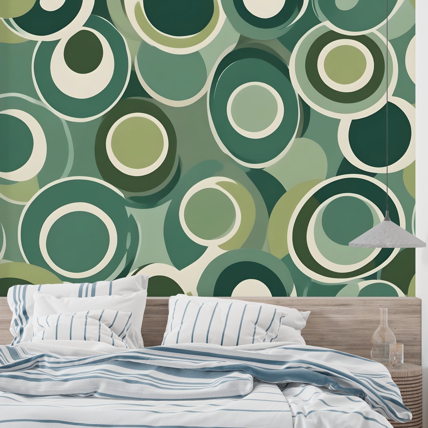 Green geometric circle wallpaper creating a stunning accent wall in a modern living room with mid-century furniture