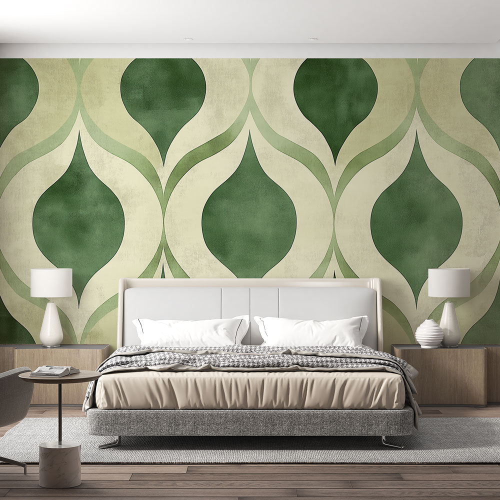 Green geometric pattern wallpaper adding mid-century charm to a bright modern living room with clean-lined furniture