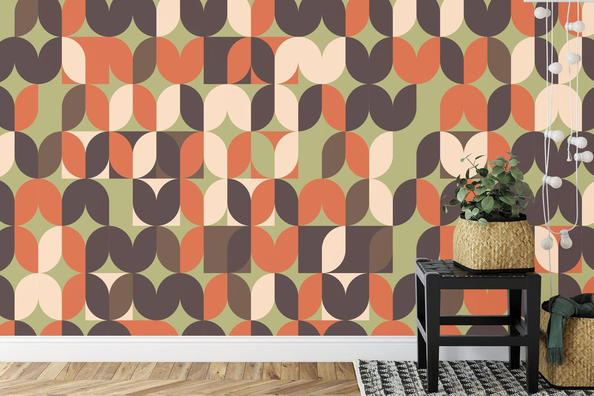 Geometric wallpaper in modern living room showing mid-century pattern with earth tones