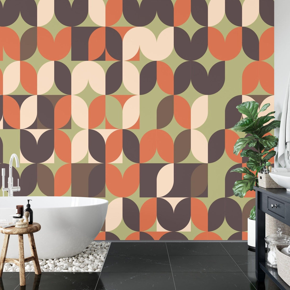 Retro geometric pattern wallpaper in dining room with vintage furniture