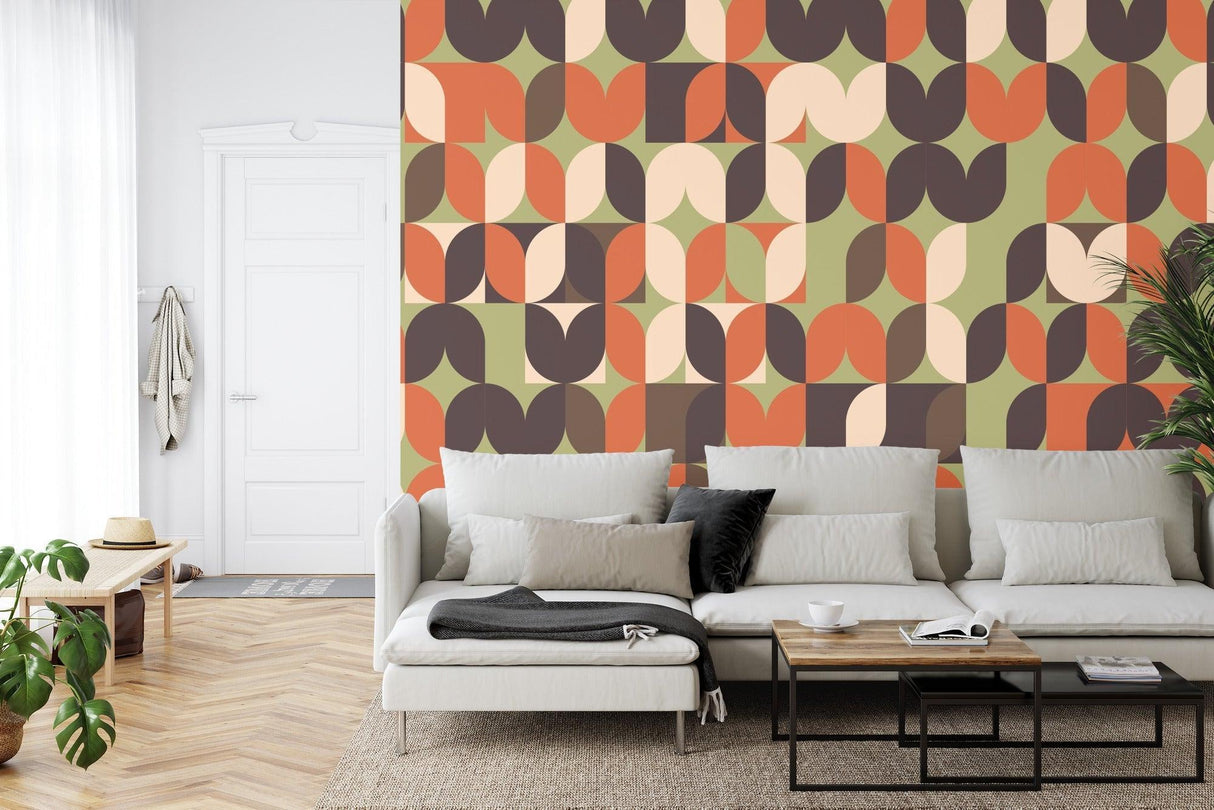 Geometric pattern wallpaper showcased in bedroom with retro decor
