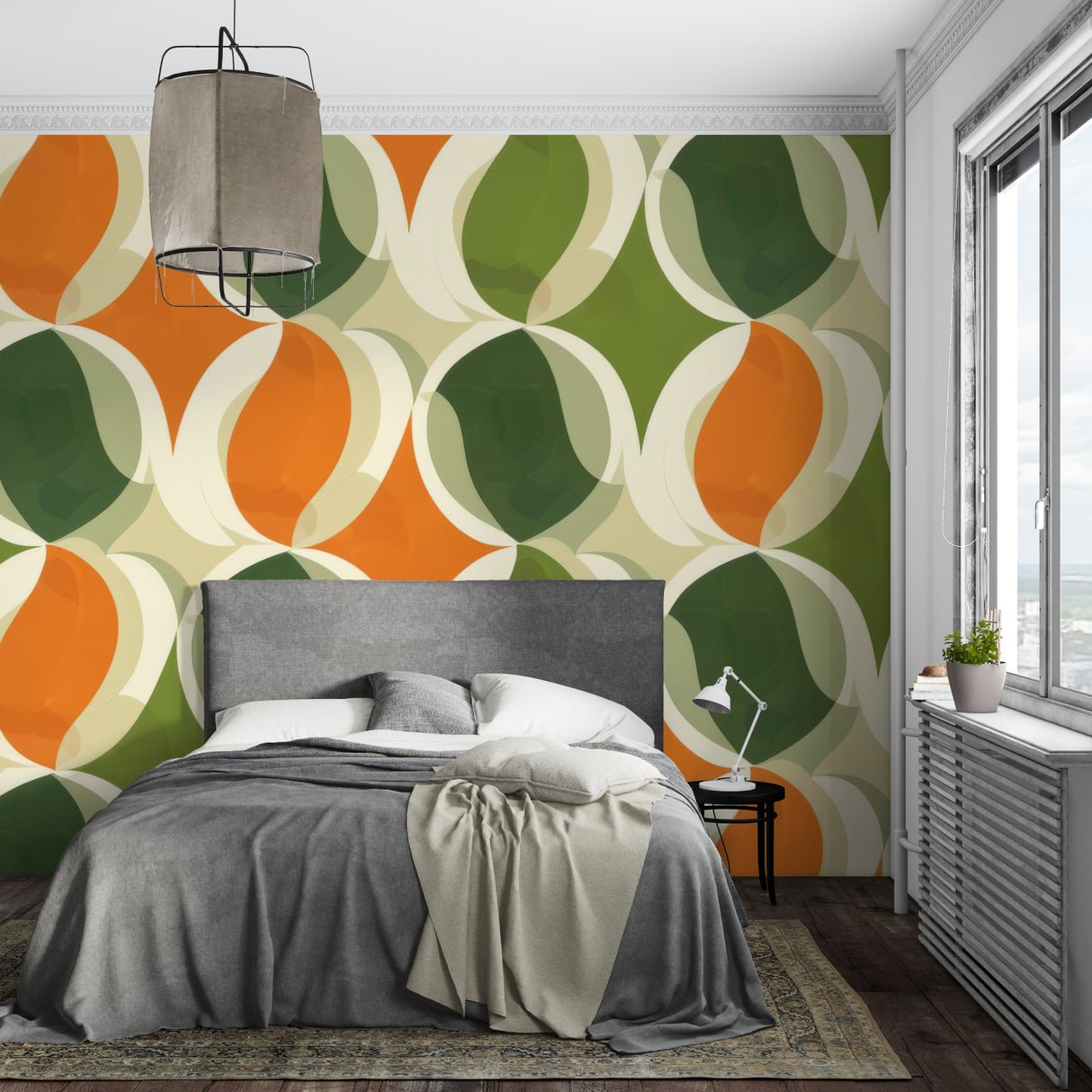 Geometric retro wallpaper in modern living room showing orange and green circular pattern creating warm atmosphere