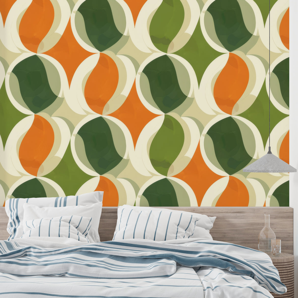 Mid-century modern dining room featuring geometric pattern wallpaper with orange circles