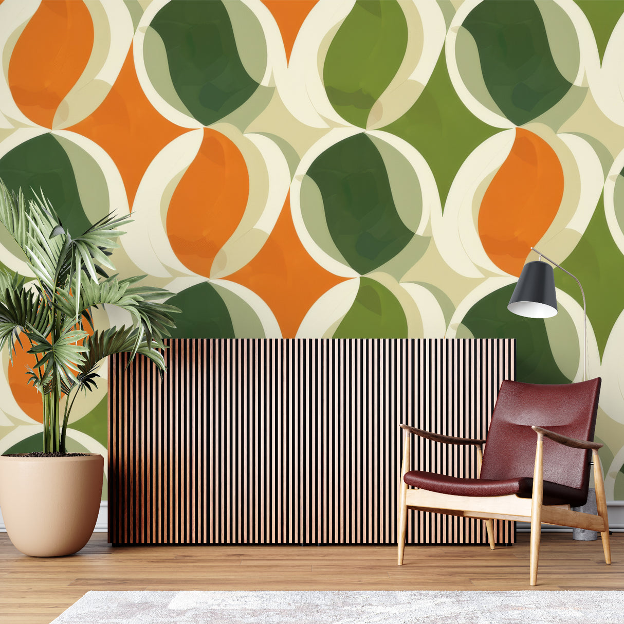Bedroom accent wall with vintage geometric pattern wallpaper in orange and green tones