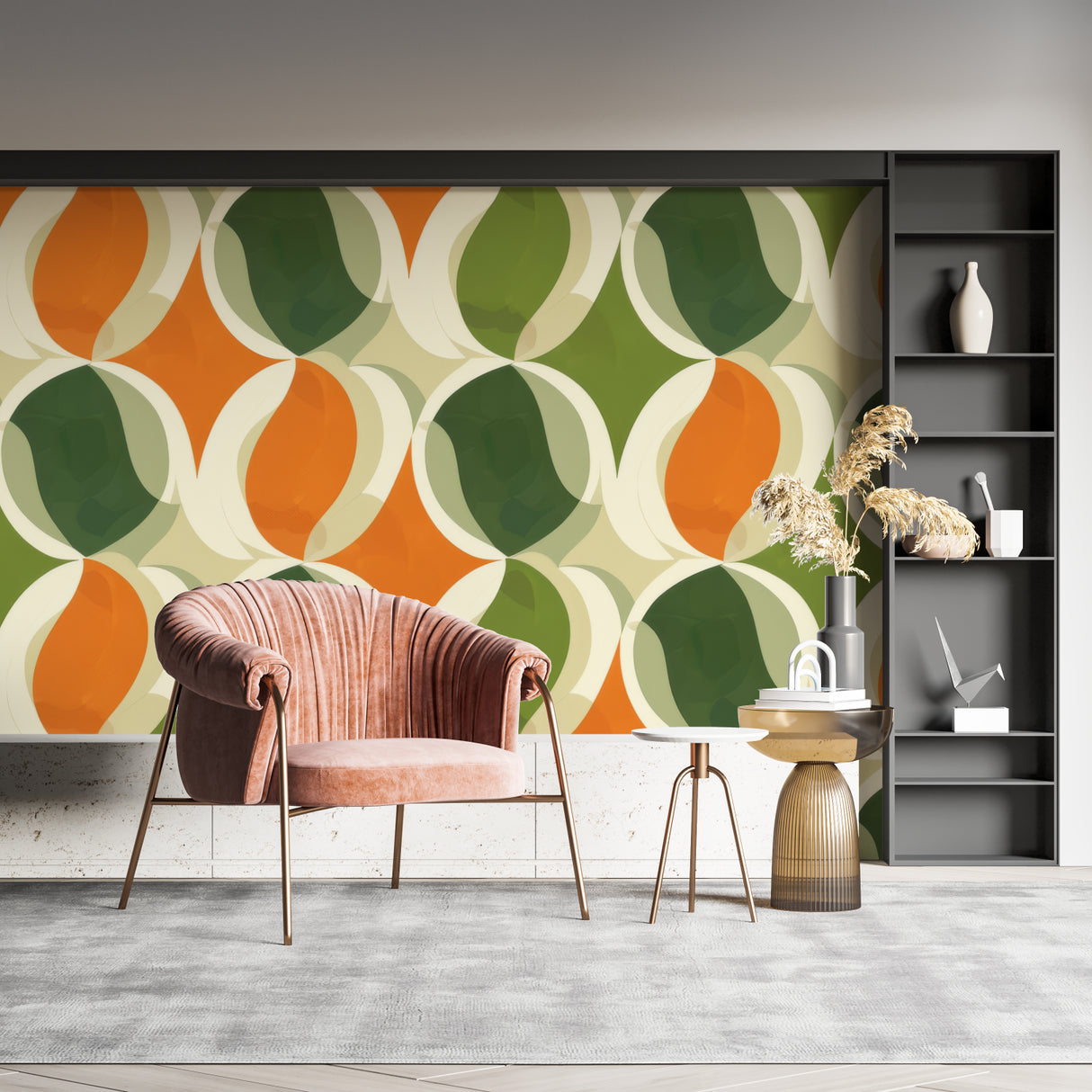 Restaurant interior showcasing retro geometric wallpaper with circular orange pattern