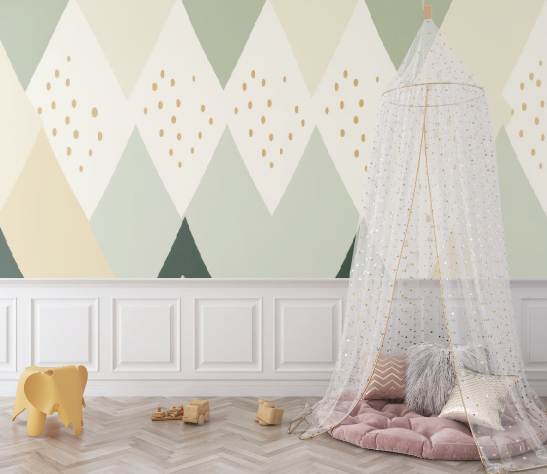 Geometric diamond wallpaper with gold dots in a bright Scandinavian living room, showing modern Nordic style