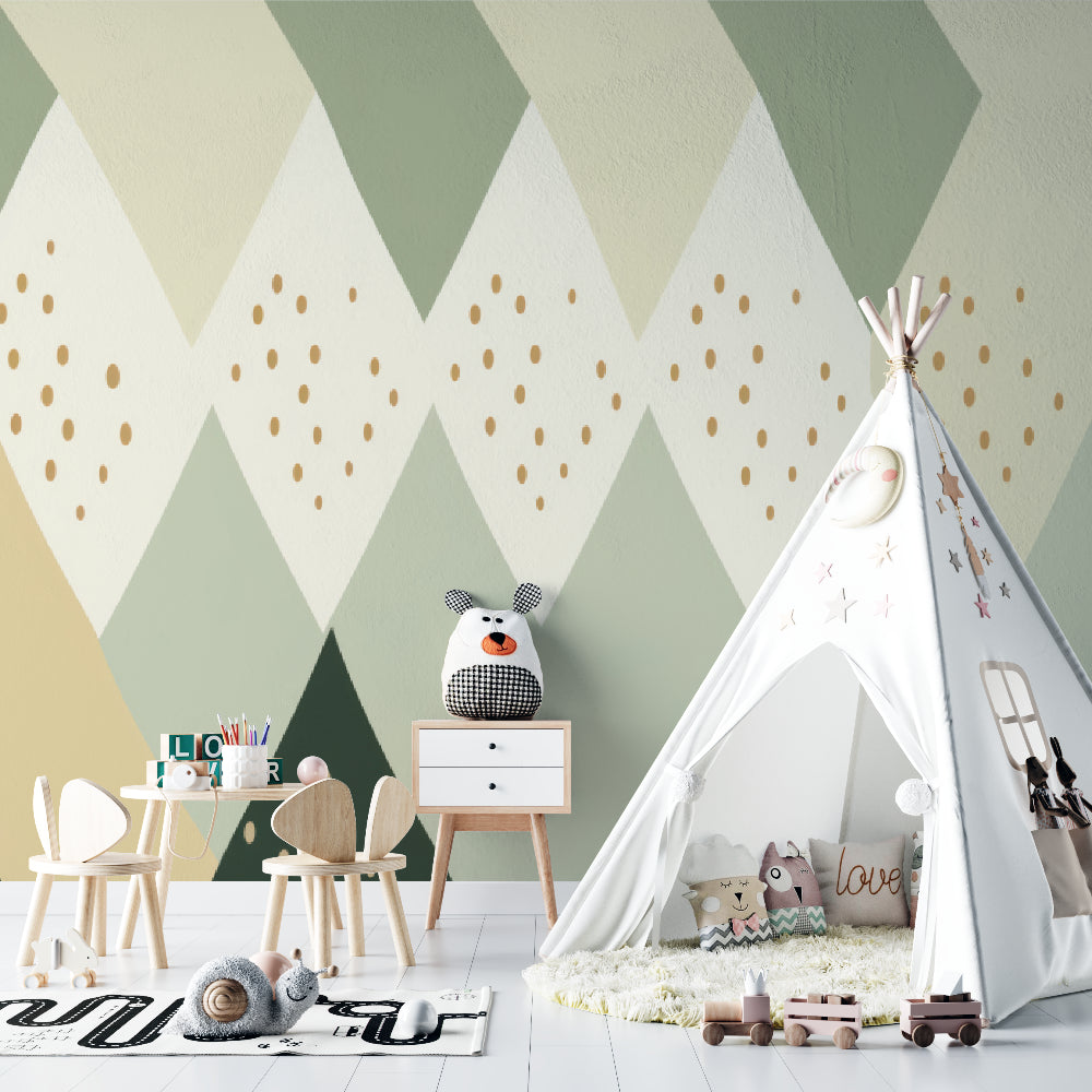 Scandinavian diamond wallpaper bringing style to a nursery with soft natural lighting