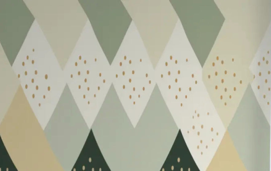 Design file of geometric diamond pattern wallpaper showing sage green and gold dot details