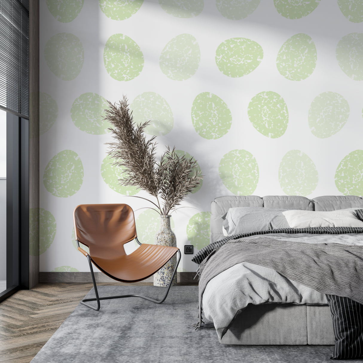 Green geometric circle wallpaper in a bright modern living room, creating a fresh and open atmosphere