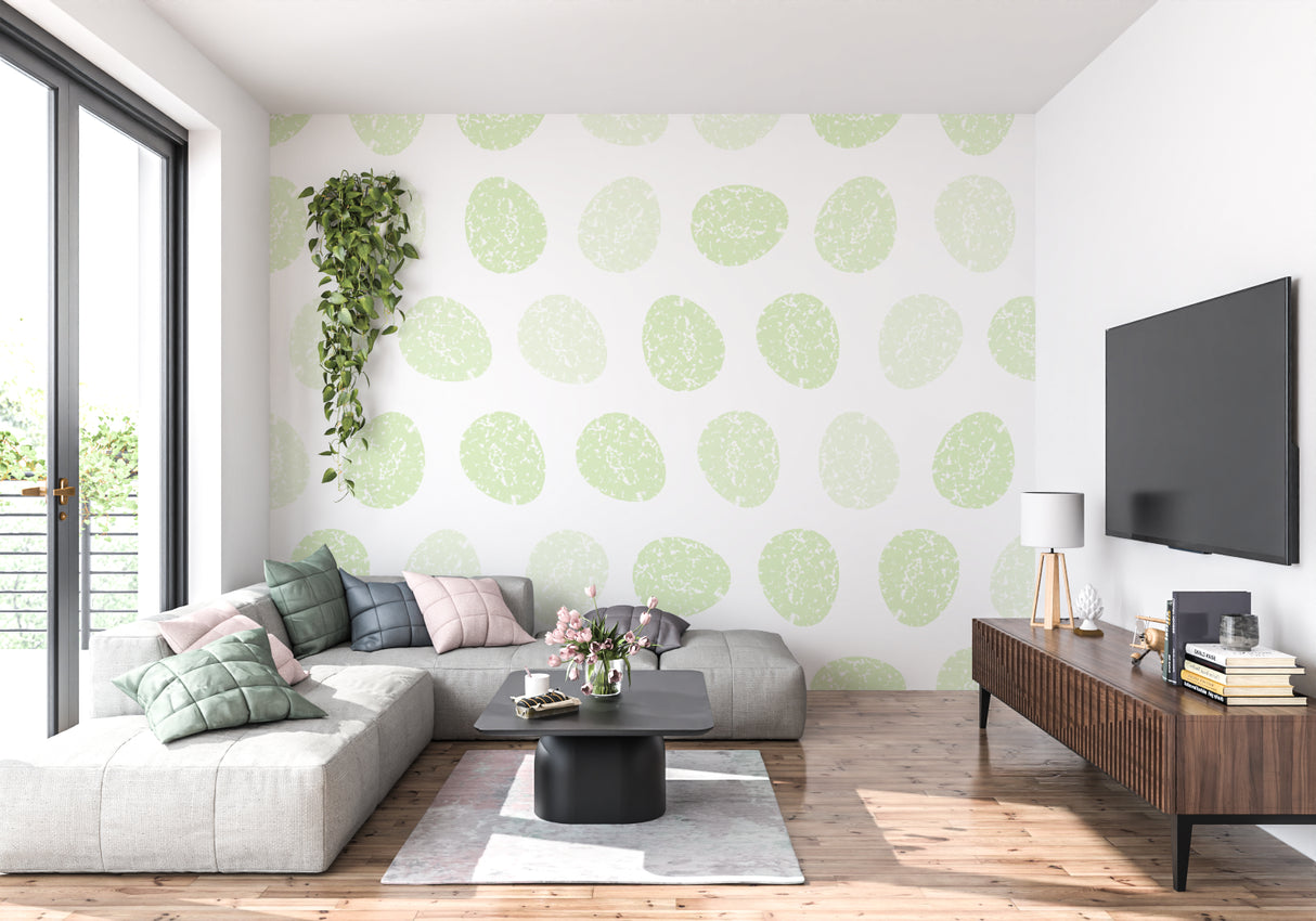 Minimalist home office featuring soft green circle pattern wallpaper, perfect for focus and creativity