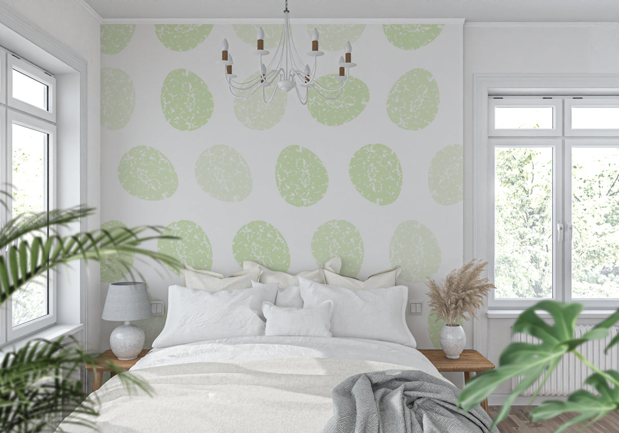 Modern bedroom showcasing gentle green circular pattern wallpaper creating a calm environment