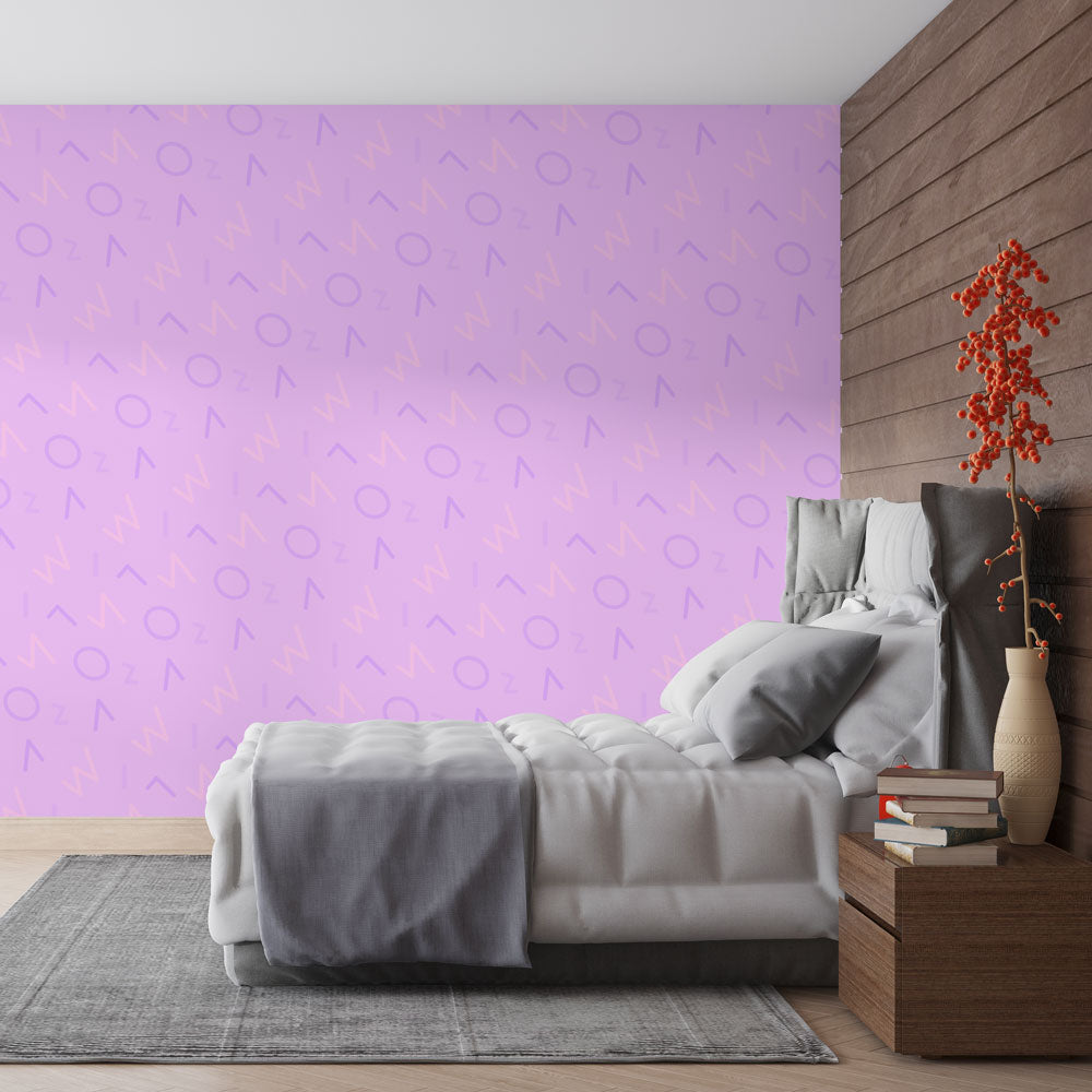 Geometric pattern wallpaper in soft lilac tones creating a modern feel in a bright living room setting