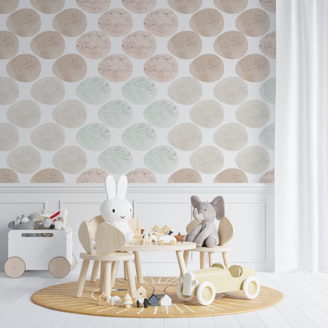 Geometric circle wallpaper in bright modern living room, showing soft pastel pattern creating depth