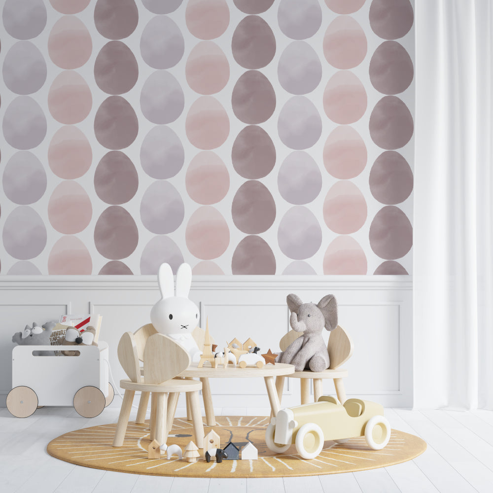 Pink geometric wallpaper with circles in home office showing scale and pattern flow