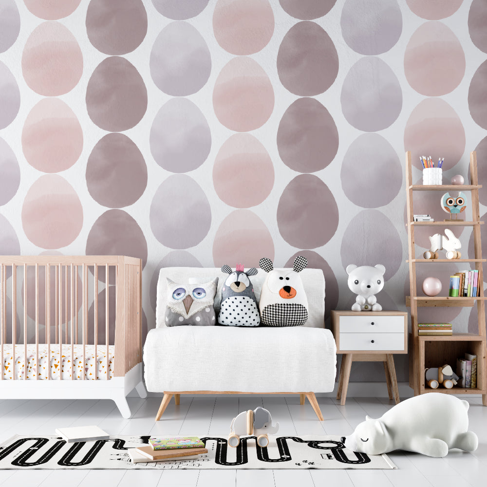 Soft pink and grey circle wallpaper in playroom showcasing pattern repetition