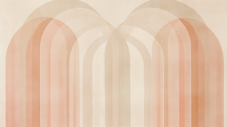Modern geometric arch wallpaper in soft terracotta tones showcased in a bright, minimal living room setting