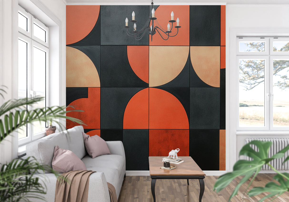 Geometric circle wallpaper in modern living room showing terracotta and black pattern
