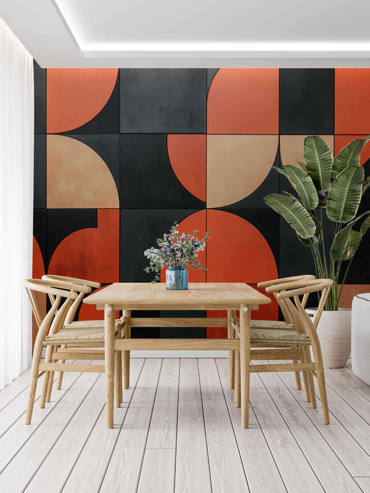 Contemporary dining room with bold geometric circle wall mural