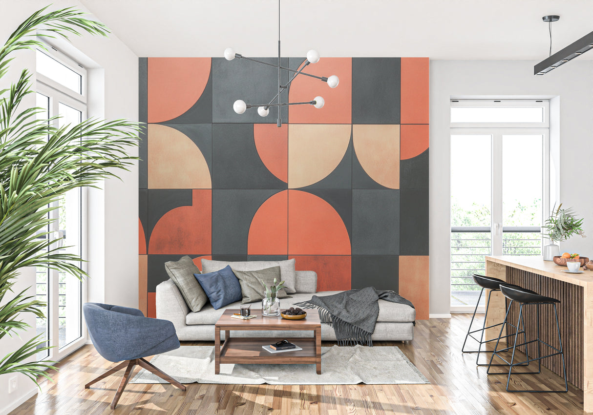 Home office featuring terracotta and black geometric circle wallpaper