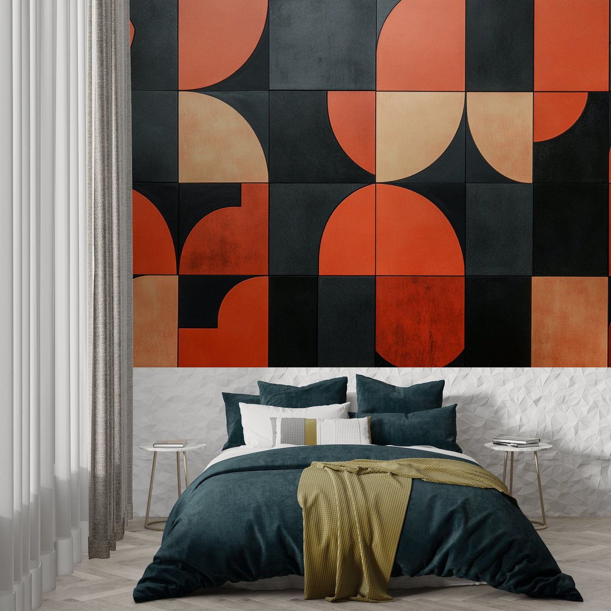 Modern home office featuring bold geometric wallpaper with terracotta accents