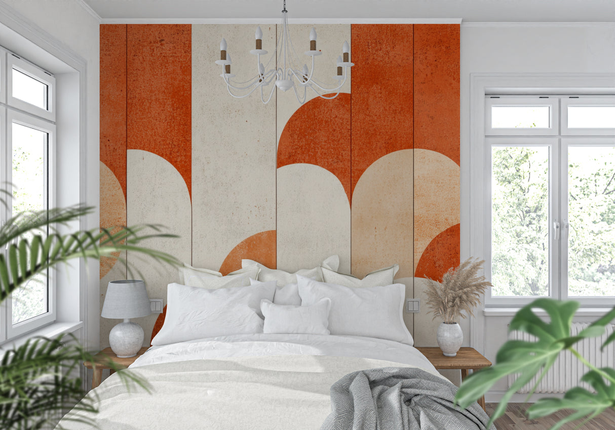 Geometric art deco wallpaper with terracotta arches in modern living room setting