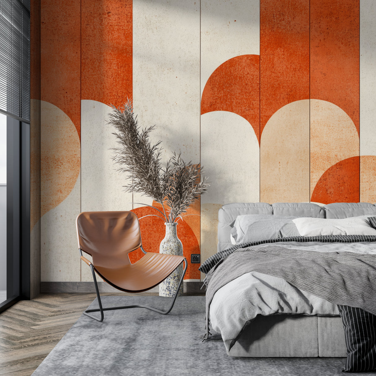 Terracotta arch wallpaper creating flow in minimalist dining space