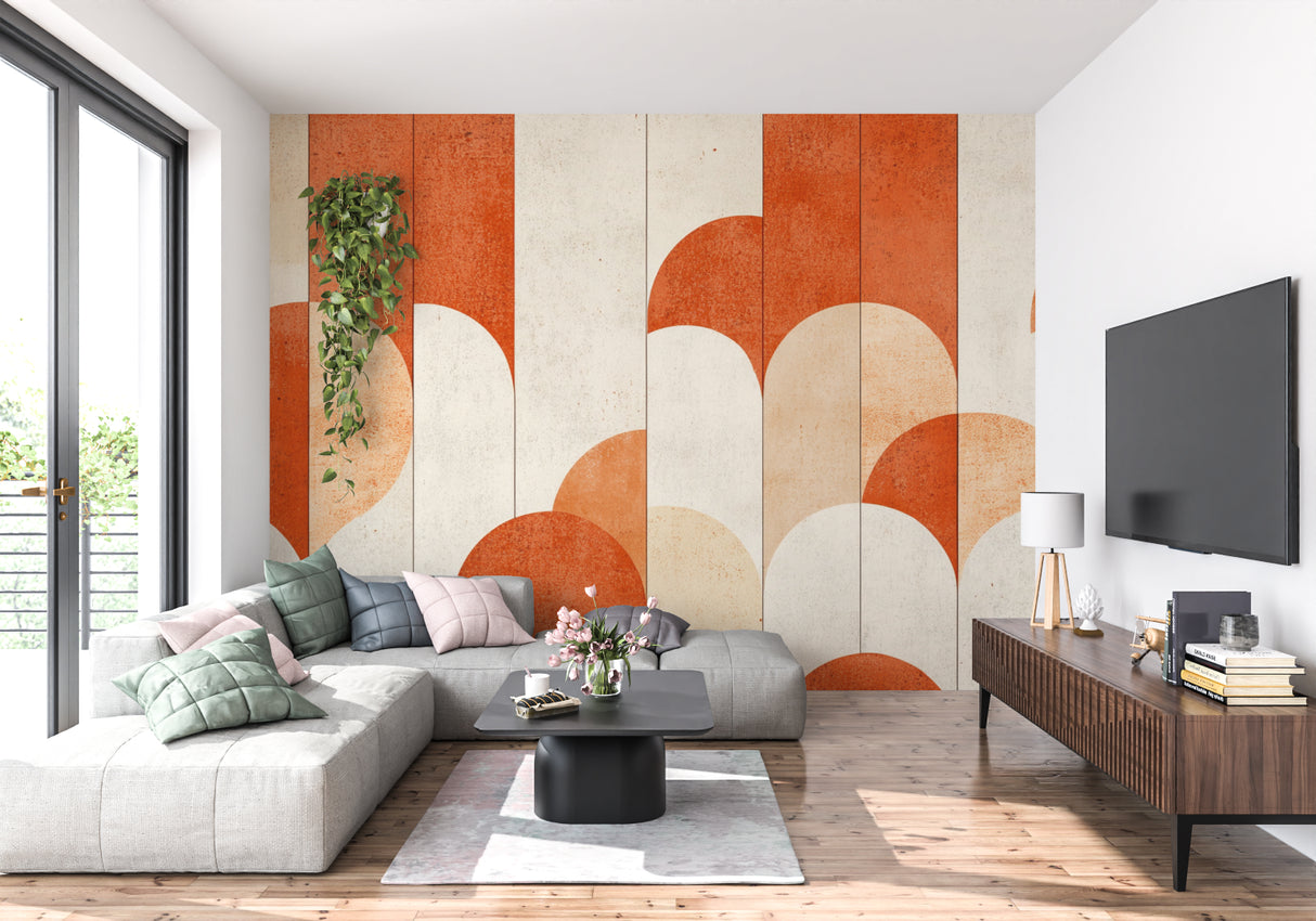Modern geometric wallpaper with arches in cozy bedroom setting