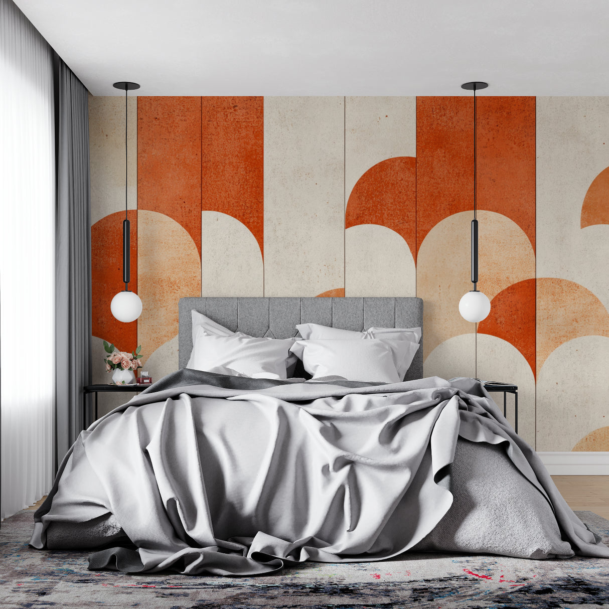 Art deco arch pattern wallpaper in home office space