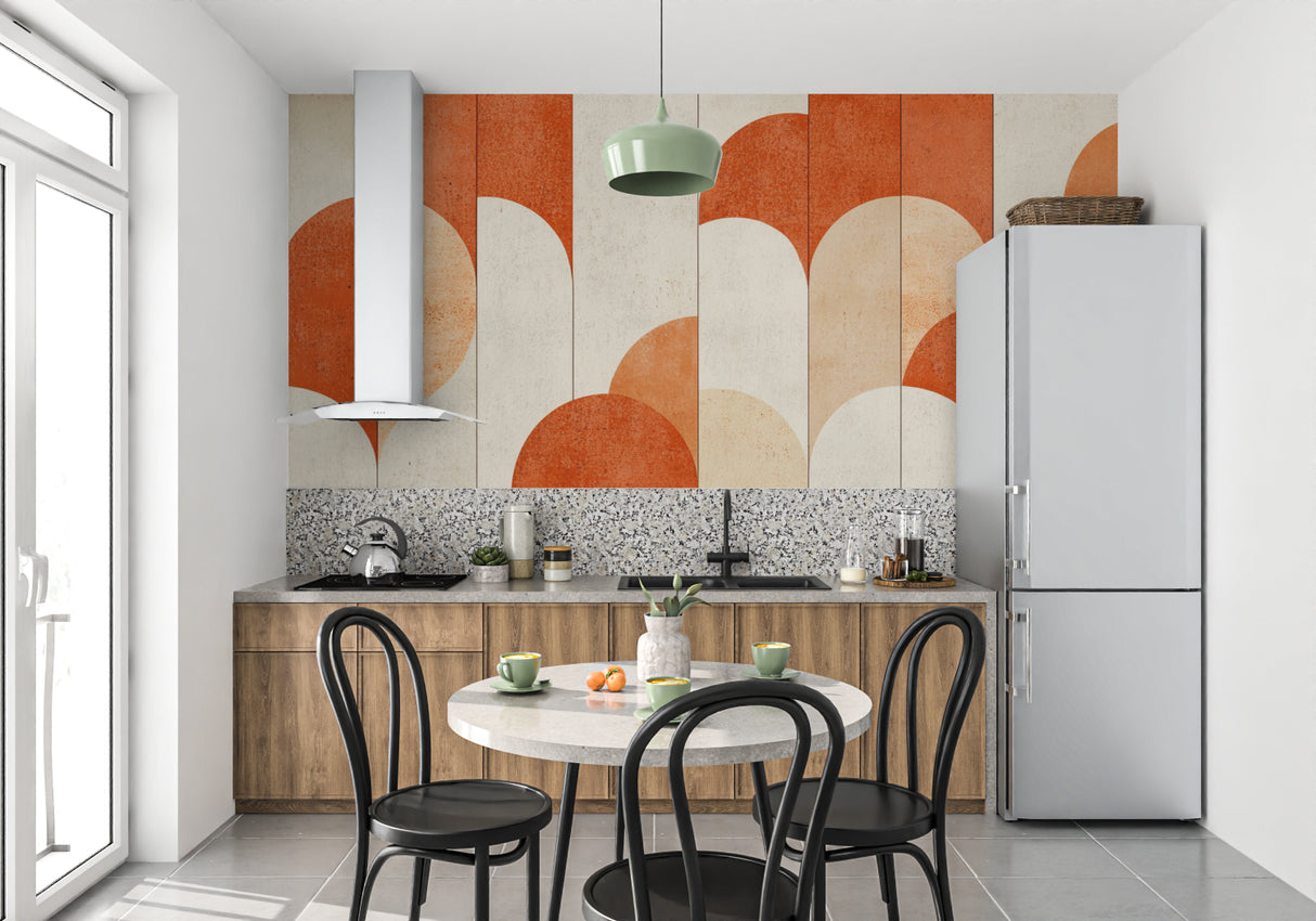 Geometric terracotta wallpaper creating depth in hallway