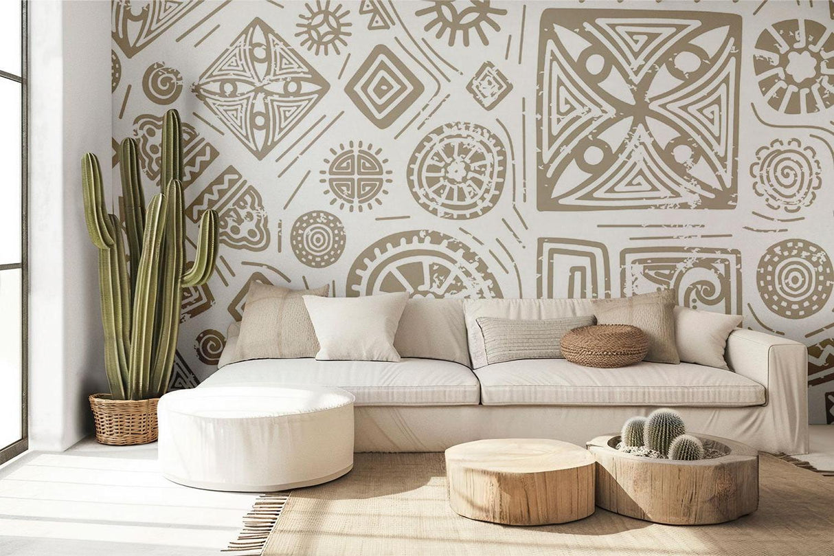 Geometric tribal wallpaper in modern living room showing beige and white pattern creating depth