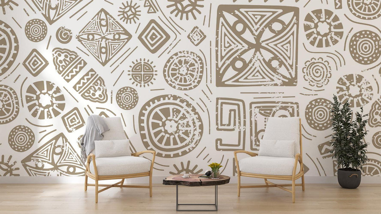 Tribal geometric pattern wallpaper in minimalist bedroom with natural light