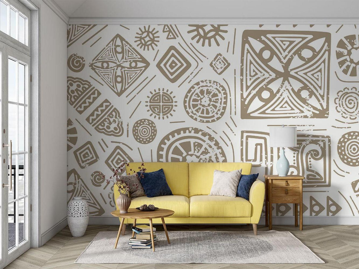 Beige geometric wallpaper in home office space highlighting tribal motifs