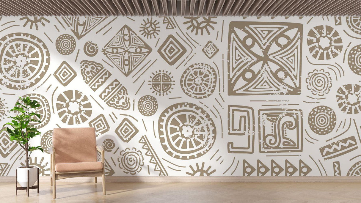 Geometric wall mural in dining room showing intricate tribal pattern