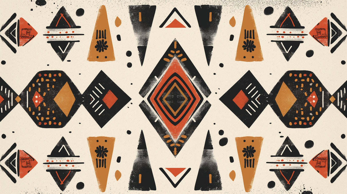 Geometric tribal wallpaper with terracotta pattern creating depth in a modern living room with minimal furniture