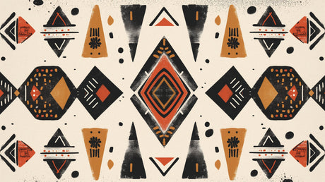 Geometric tribal wallpaper with terracotta pattern creating depth in a modern living room with minimal furniture