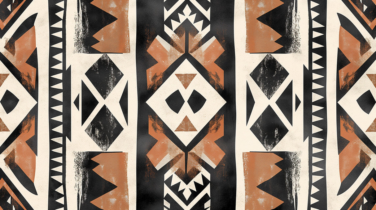 Geometric tribal wallpaper in terracotta and black creating a striking focal point in a modern living room setting