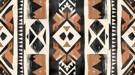 Geometric tribal wallpaper in terracotta and black creating a striking focal point in a modern living room setting