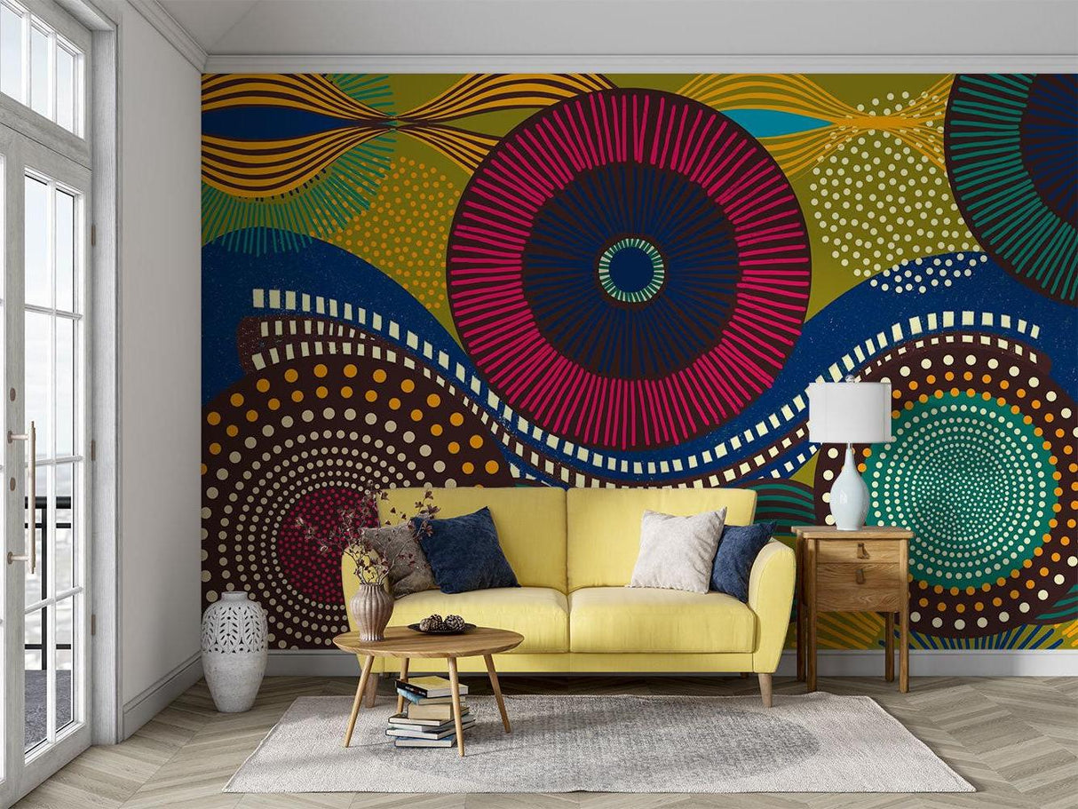Geometric circle wallpaper in modern living room showing vibrant African-inspired pattern